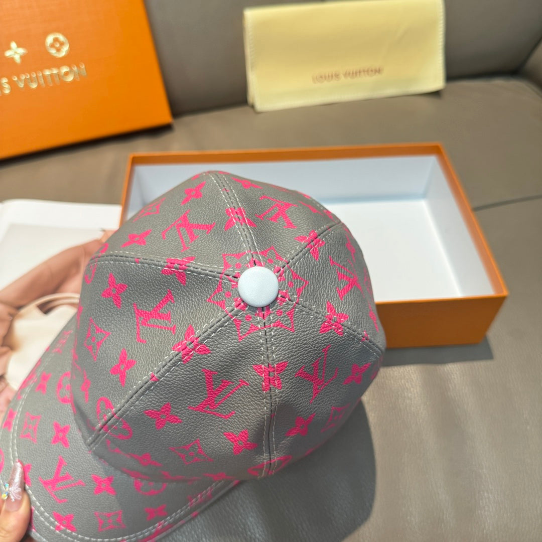 Louis Vuitton baseball cap, gray with pink monogram, top button detail
