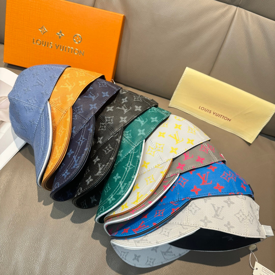 Louis Vuitton monogram caps assortment in blue, orange, black, green, and multicolor