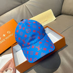 Louis Vuitton cap in bright blue with red monogram pattern, curved brim