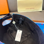 Louis Vuitton cap interior view with black lining, blue exterior edge, hanging tag