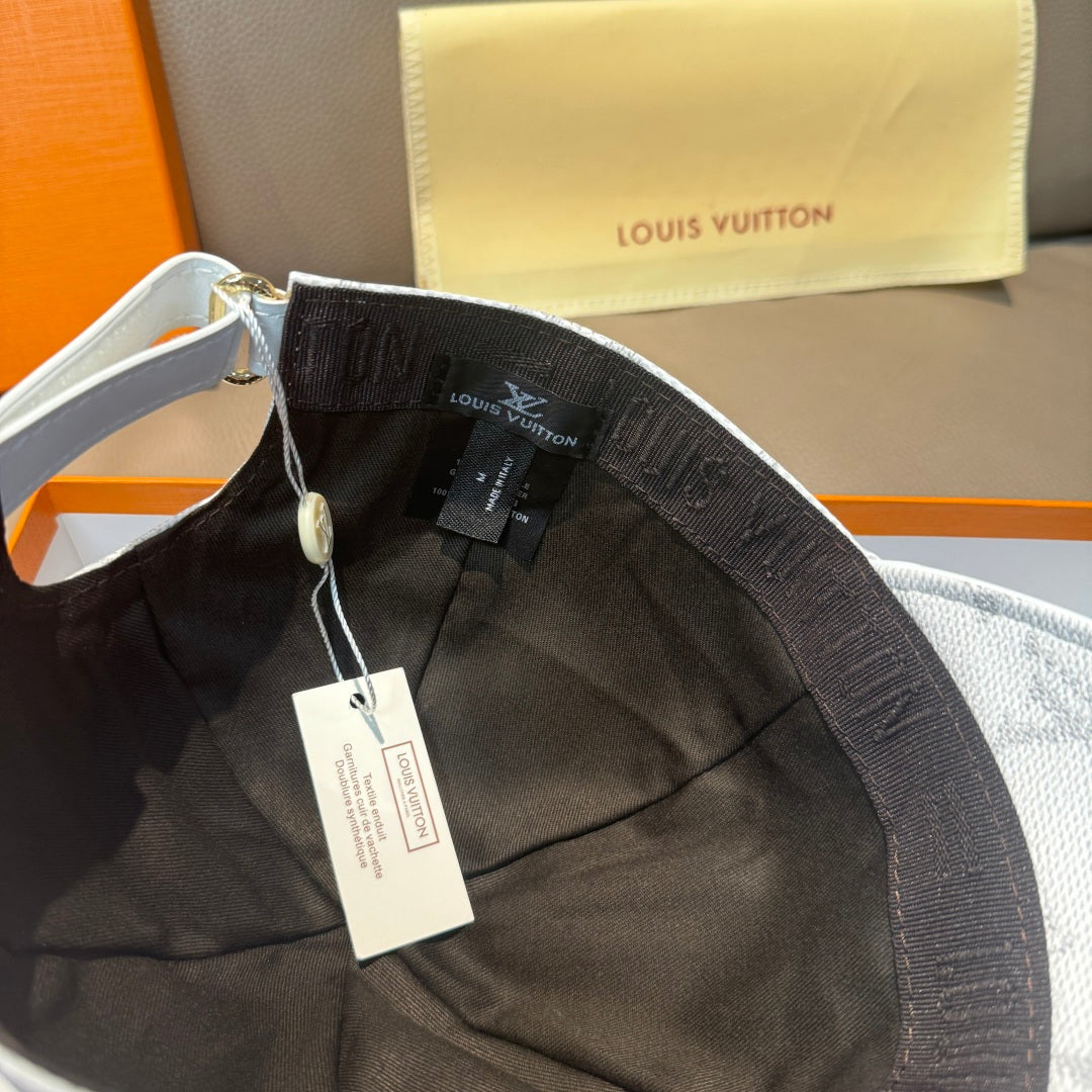 Louis Vuitton cap interior, black fabric with size label and adjustable strap.