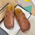 Louis Vuitton x Birkenstock brown leather sandals, embossed monogram, two buckled straps