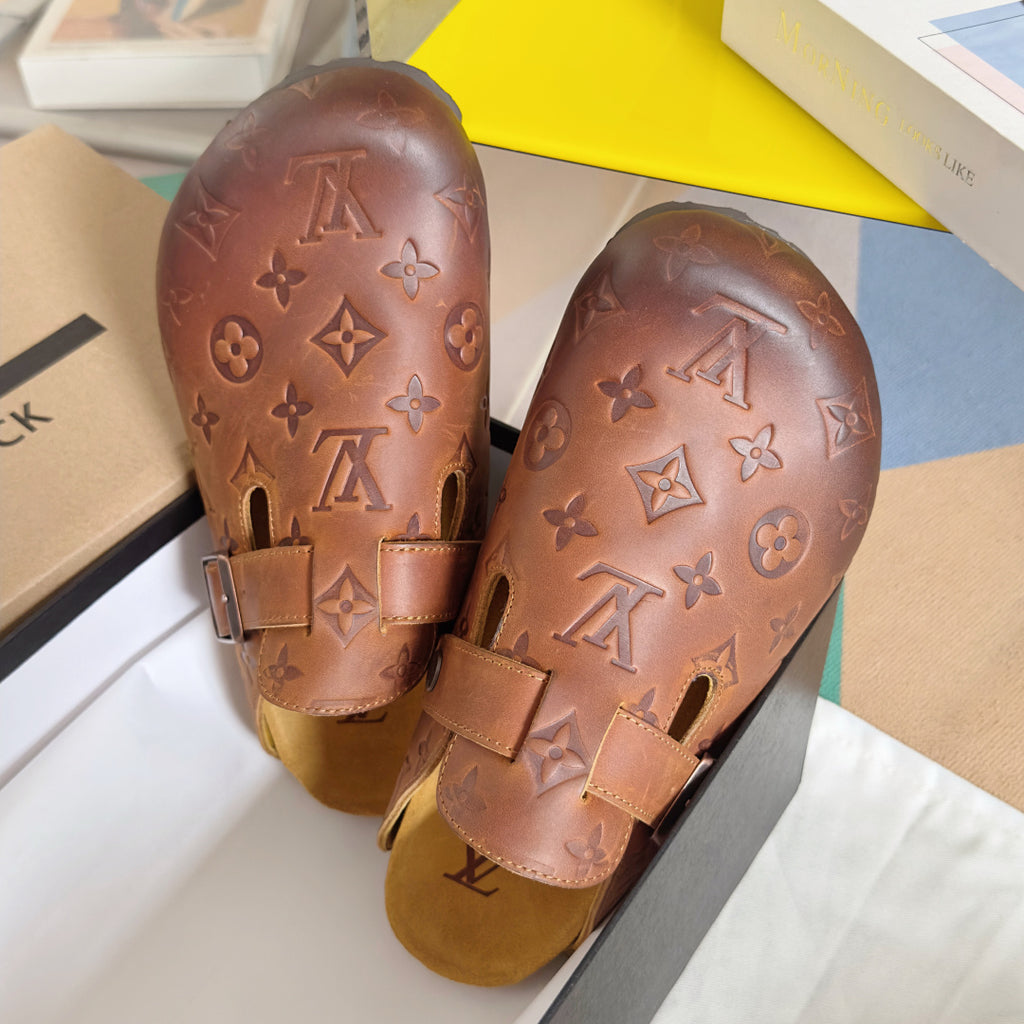 Louis Vuitton x Birkenstock brown sandals, embossed flower monogram pattern, adjustable buckles