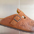 Louis Vuitton x Birkenstock brown embossed sandals, metal buckle strap, textured outsole