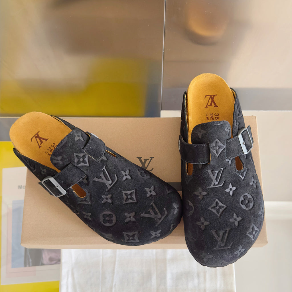 Louis Vuitton patterned sandals on box, dark gray uppers with metal buckles and yellow lining