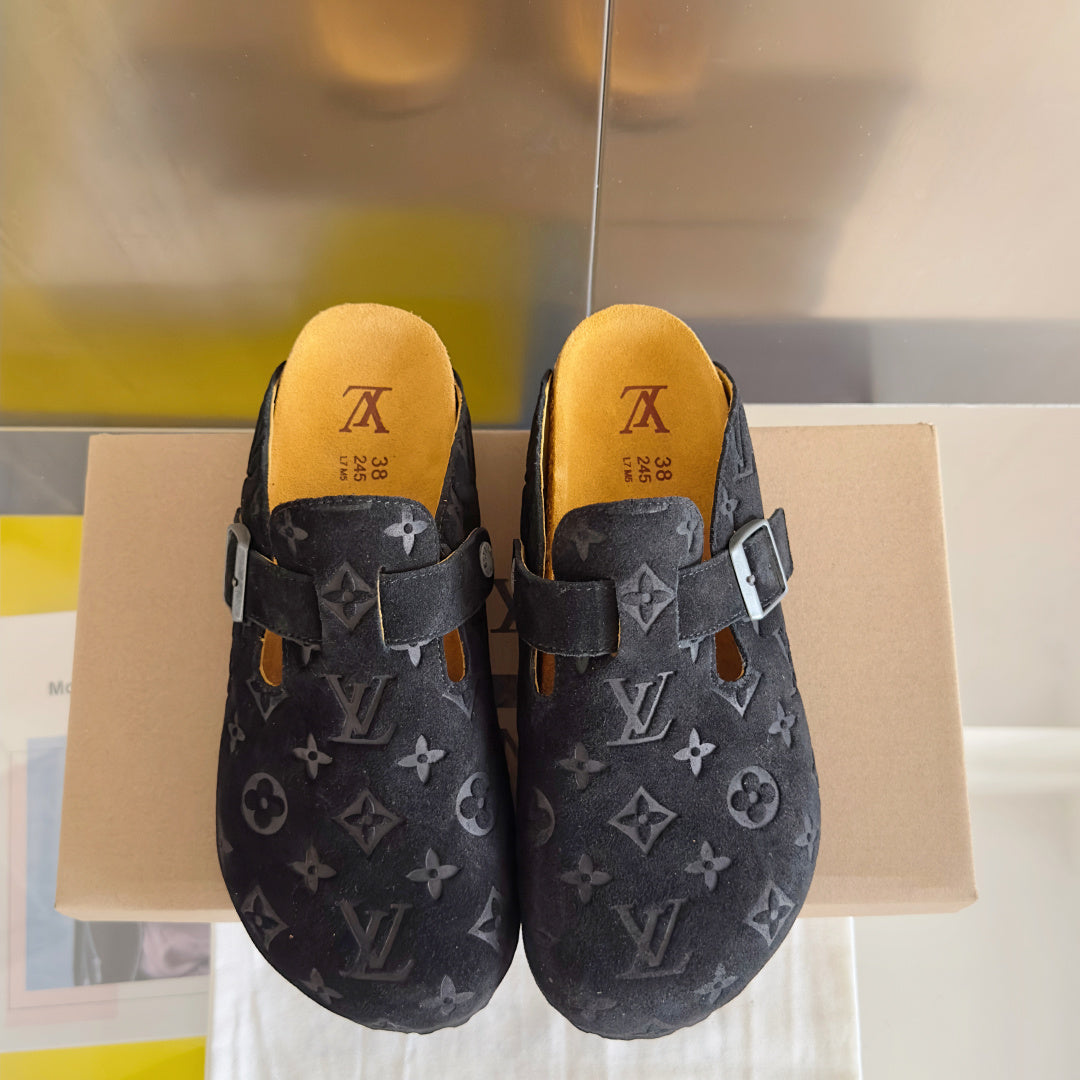Louis Vuitton patterned sandals, front view showing dual buckles and yellow insoles on dark gray