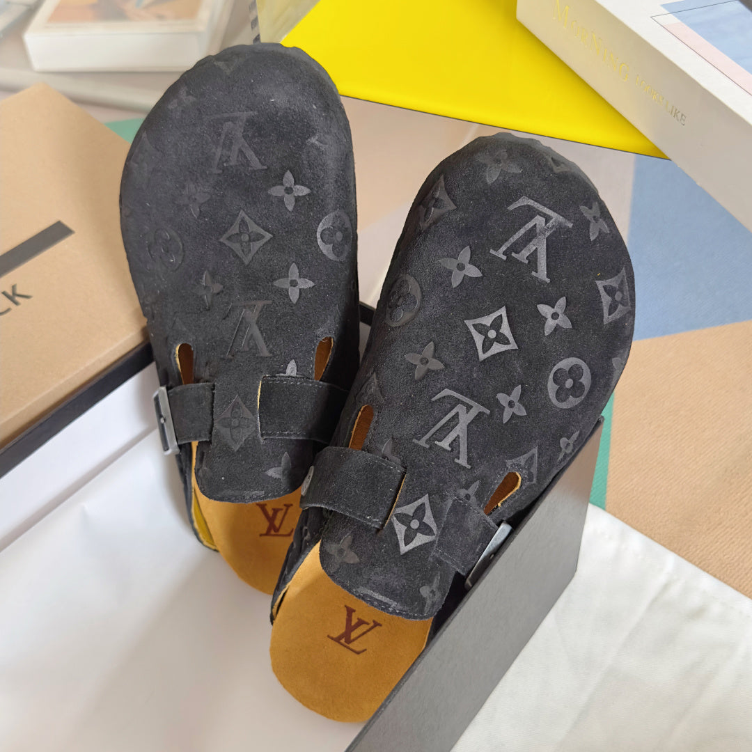 Louis Vuitton patterned sandals, toe and heel view with yellow footbed and two buckle straps
