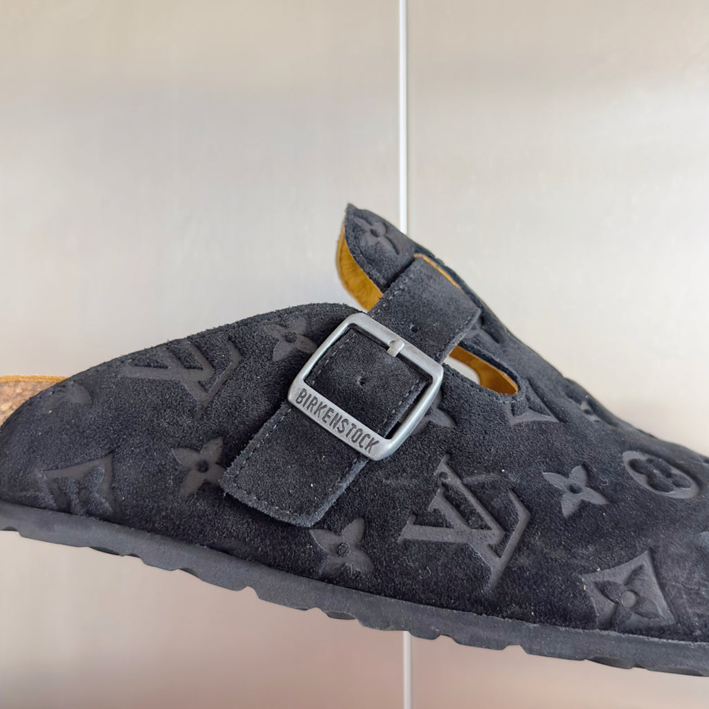 Louis Vuitton patterned slide sandals, dark gray upper with silver square buckle and strap