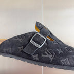 Louis Vuitton patterned slide sandals, dark gray upper with silver square buckle and strap