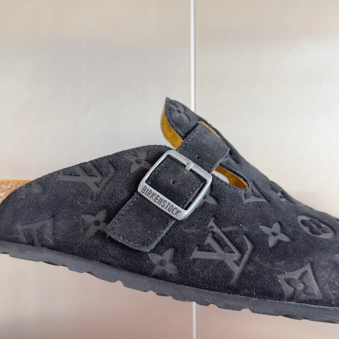 Louis Vuitton patterned slide sandals, dark gray upper with silver square buckle and strap