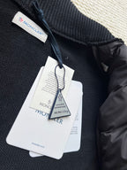 Moncler long puffer jacket interior label tags and knit collar