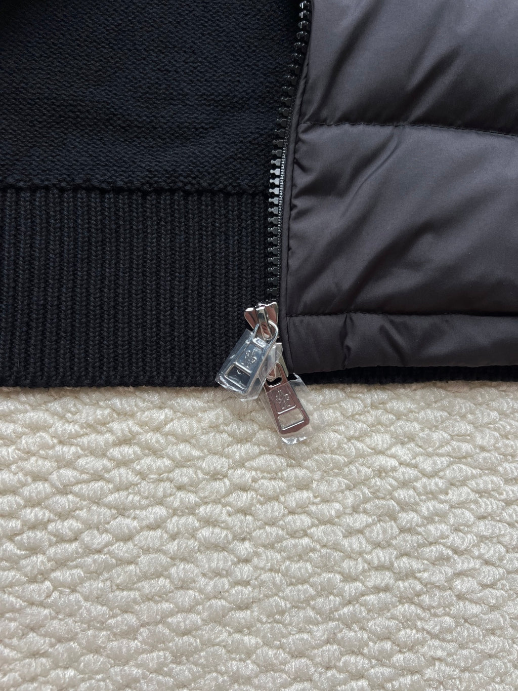 Moncler long puffer jacket knit waistband with metal zipper pull