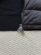 Moncler long puffer jacket knit waistband with metal zipper pull