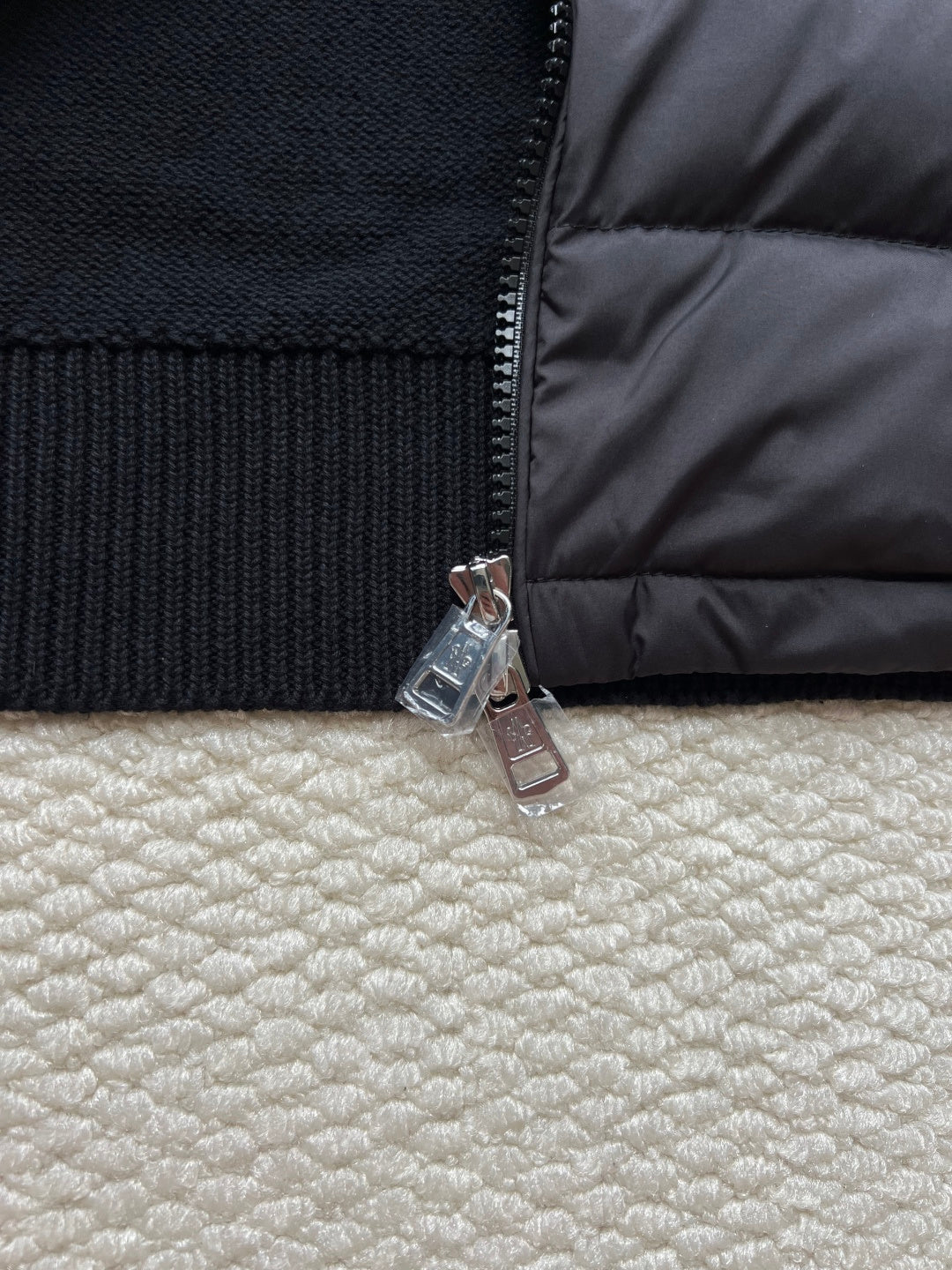 Moncler long puffer jacket knit waistband with metal zipper pull