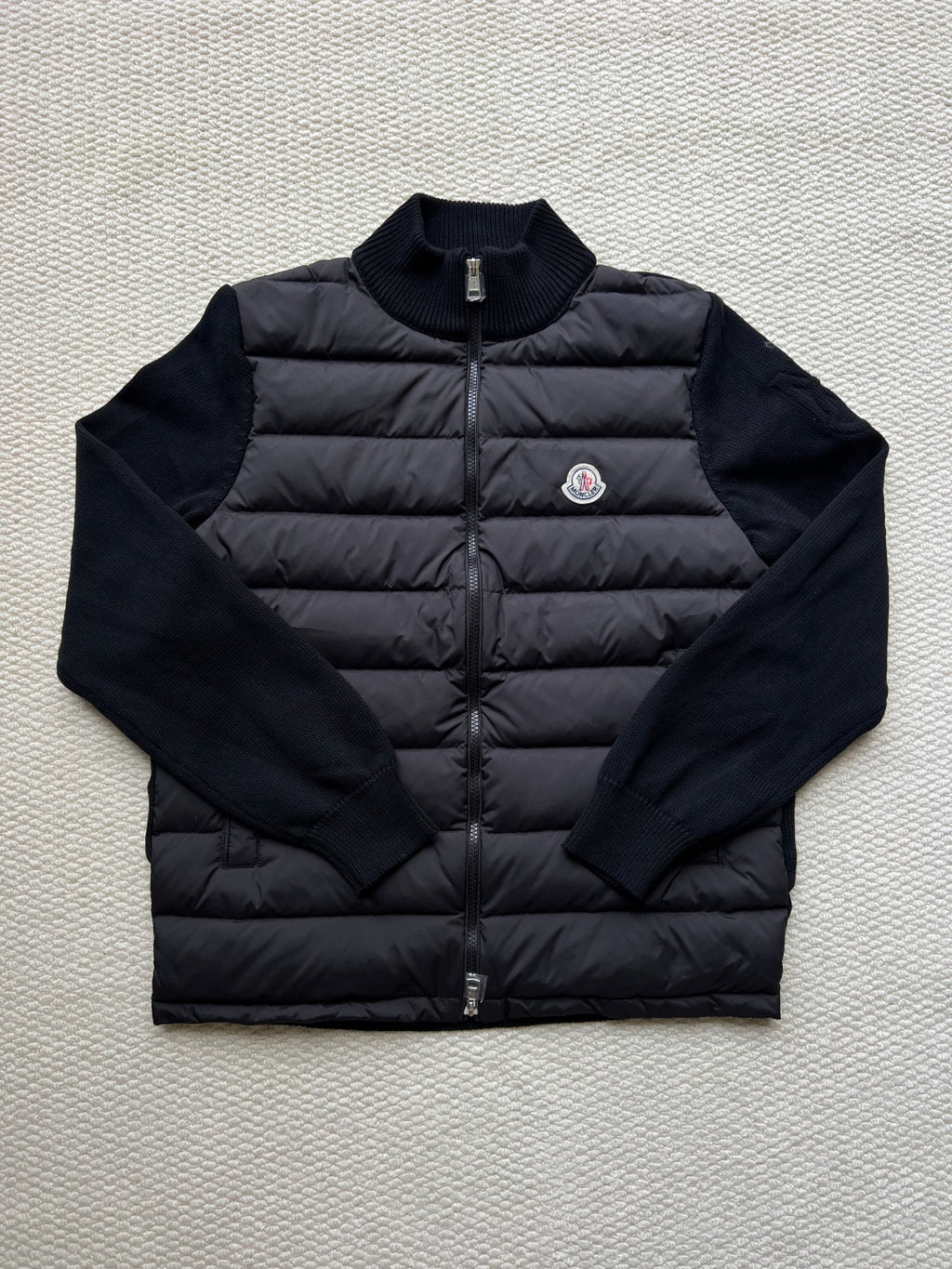 Moncler long puffer jacket with stand collar, full front zipper, dark navy color