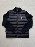 Moncler long puffer jacket with stand collar, full front zipper, dark navy color