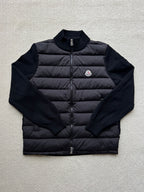 Moncler long puffer jacket with stand collar, full front zipper, dark navy color