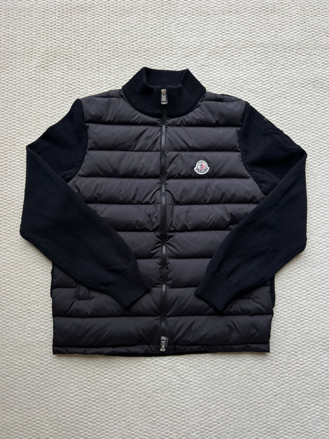 Moncler long puffer jacket with stand collar, full front zipper, dark navy color