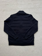 Moncler long puffer jacket, knit stand collar and long sleeves, dark navy