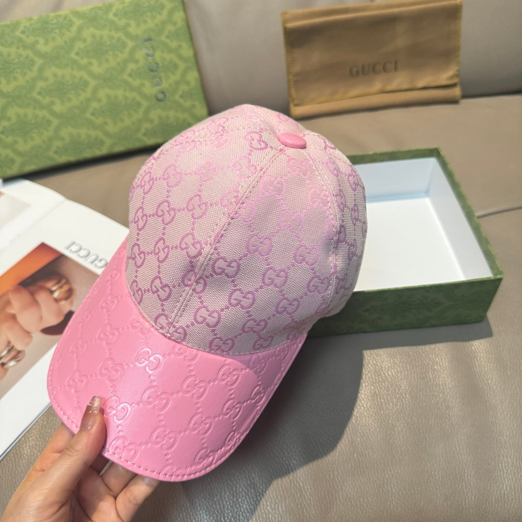 Gucci pink cap top view with GG monogram pattern and small pink button