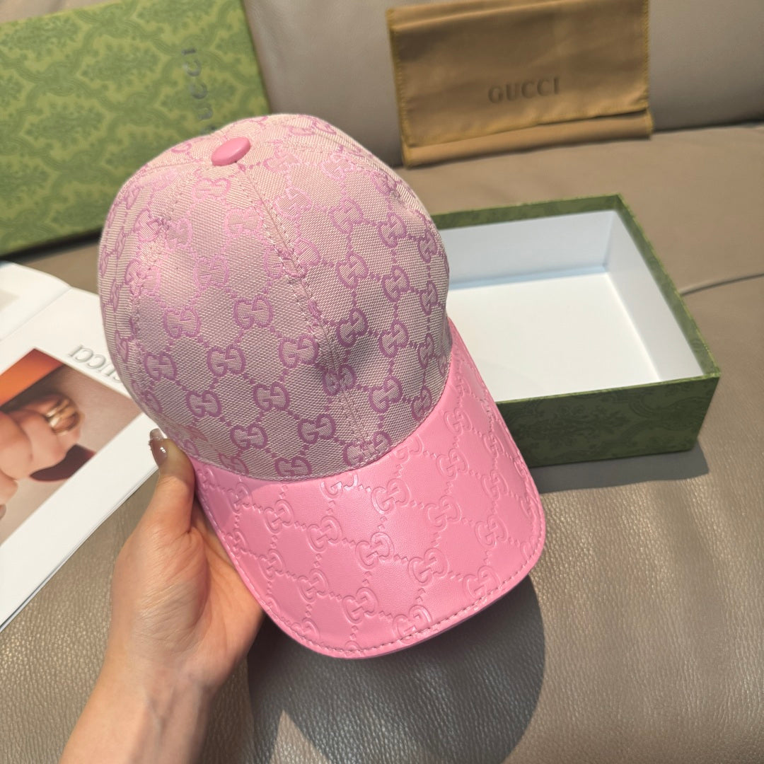 Gucci pink baseball cap with GG logo pattern and stitched curved brim