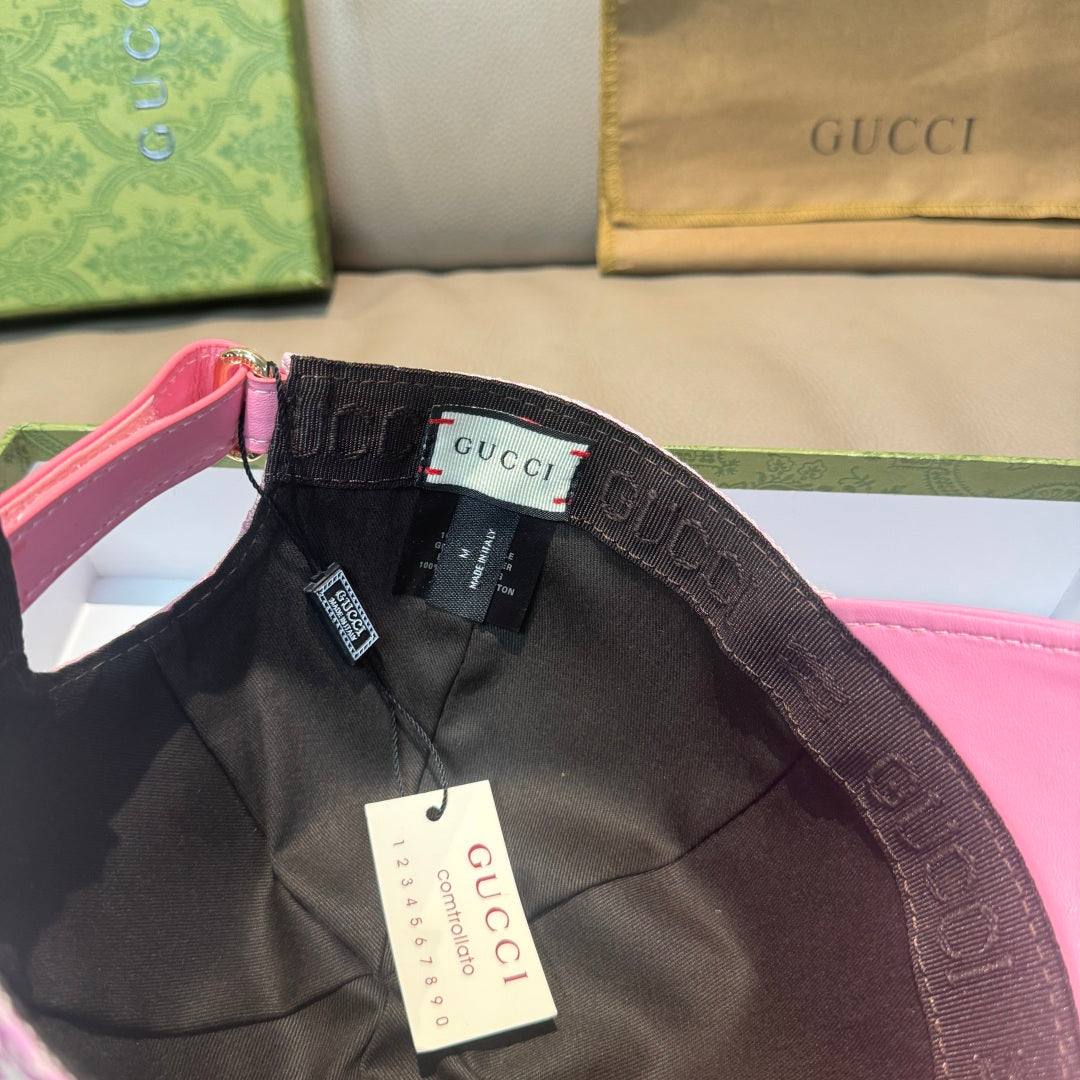 Gucci cap interior with black lining, size tag and Gucci label on the brim