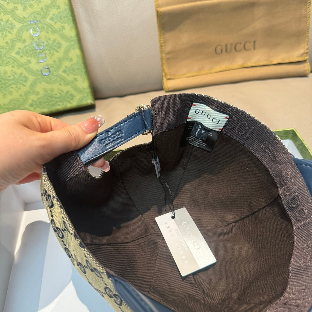Gucci baseball cap interior with dark lining, blue trim, and adjustable strap