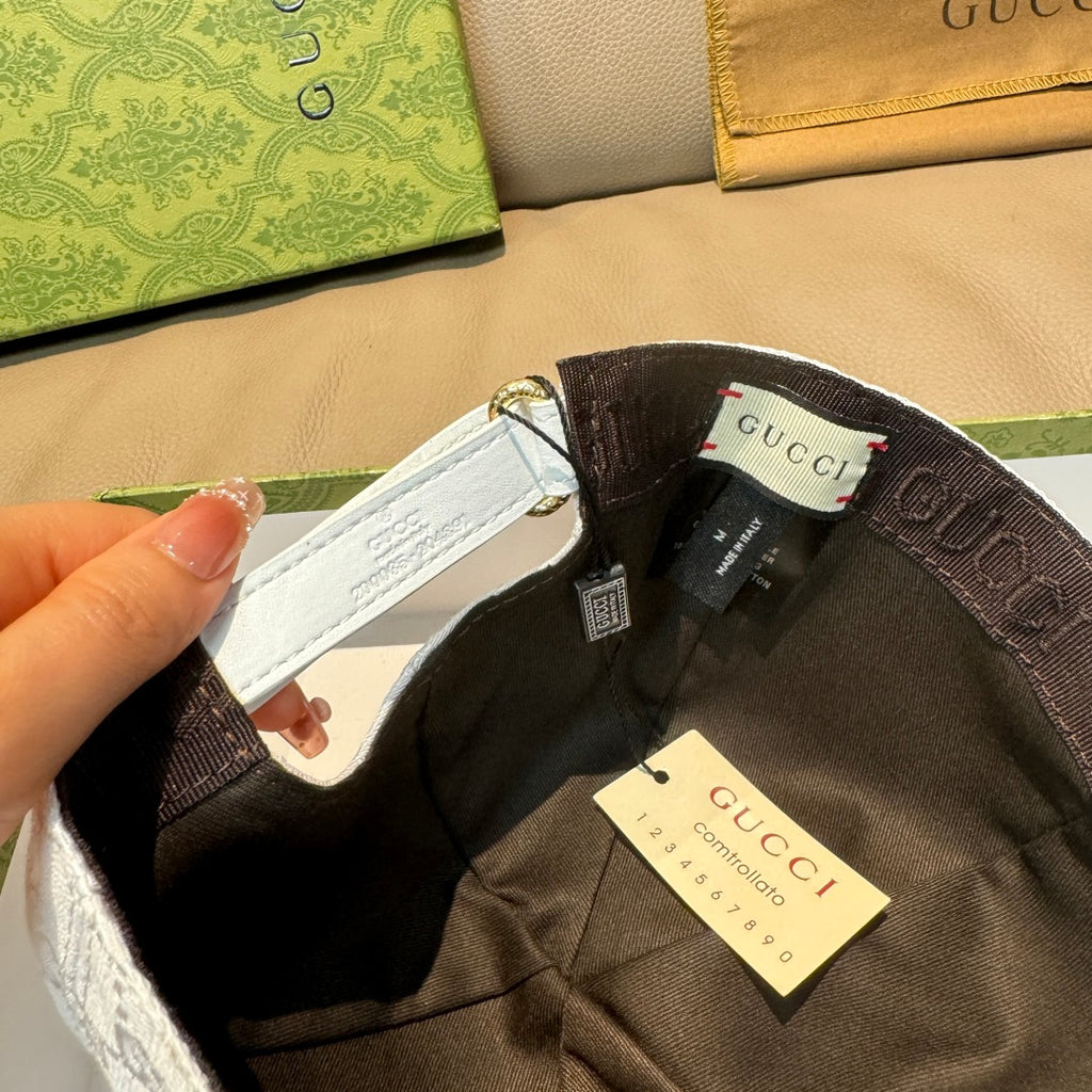 Gucci baseball cap interior view with label tag and black lining