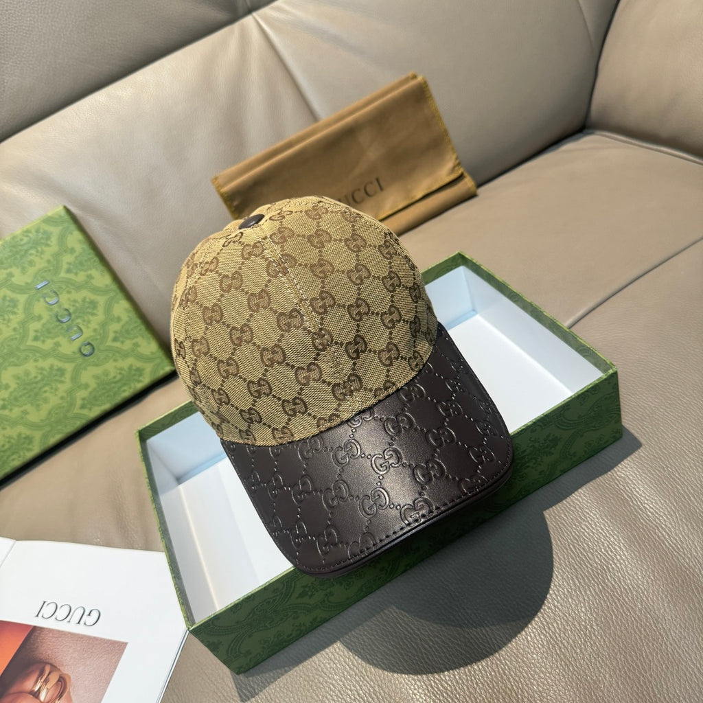 Gucci cap: beige GG monogram crown with dark brim, curved front