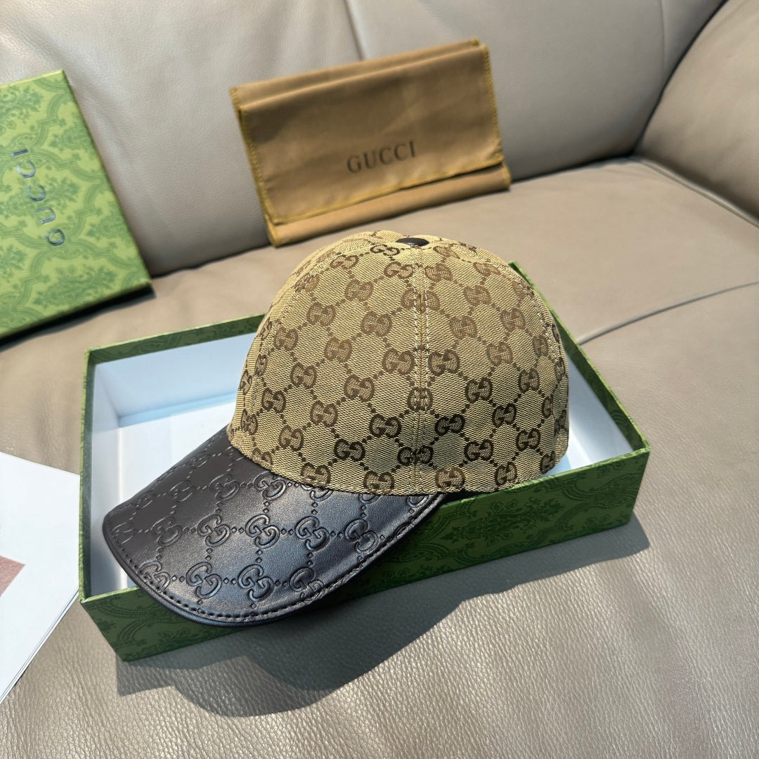 Gucci cap: beige GG crown with dark logo-pattern brim, front angle
