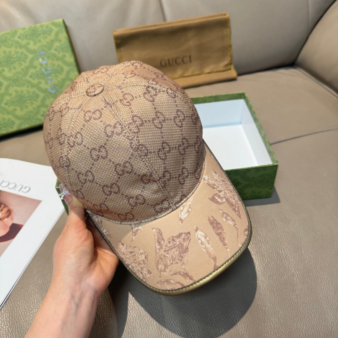 Gucci baseball cap shown at an angle with beige GG monogram and animal-print brim