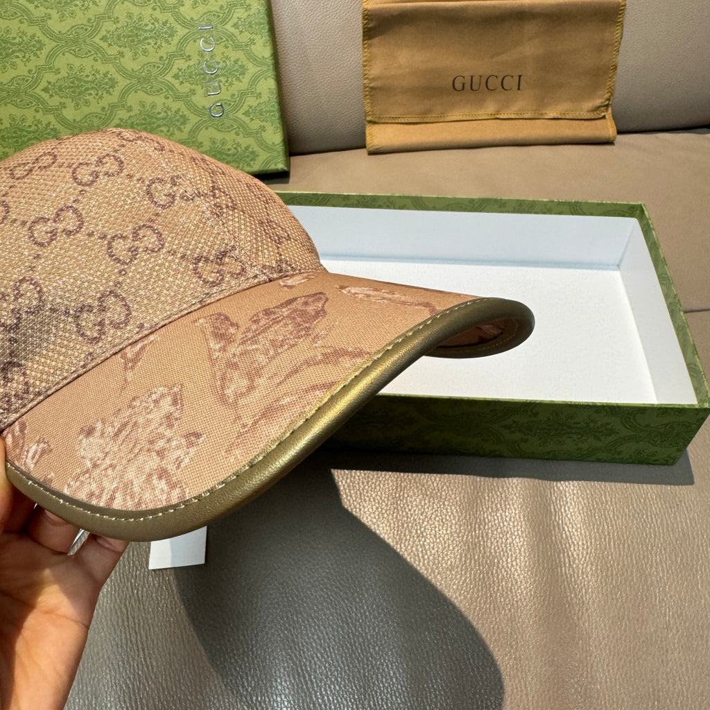 Gucci baseball cap side view with beige GG monogram crown and animal-print brim
