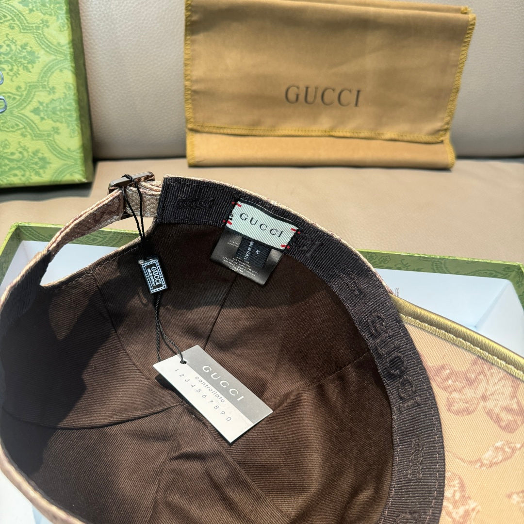 Gucci baseball cap interior view with dark lining and attached size label tags