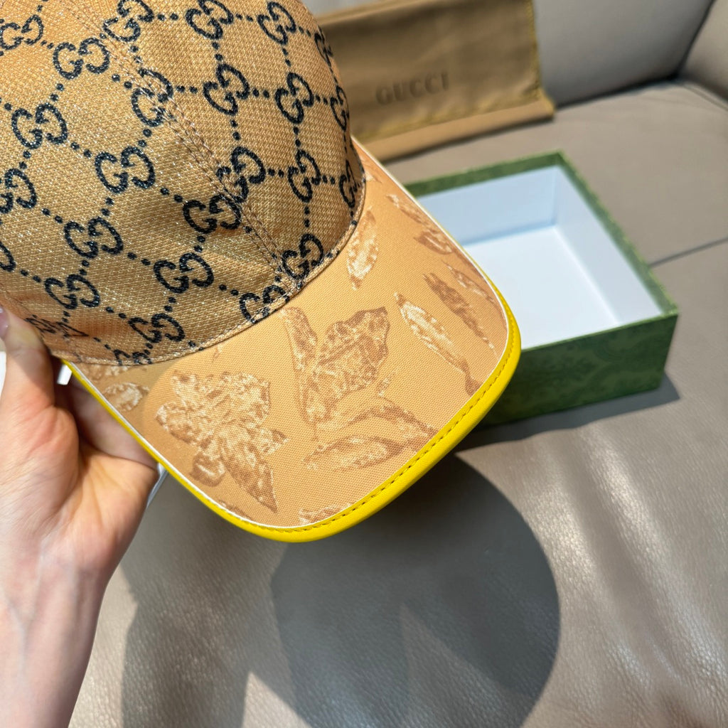 Tan GG monogram baseball cap with embossed-look brim and yellow trim detail