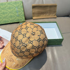Tan GG monogram baseball cap with yellow-trim brim, side view