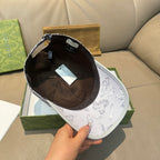 Gucci baseball cap interior view, gray GG crown with black adjustable strap.