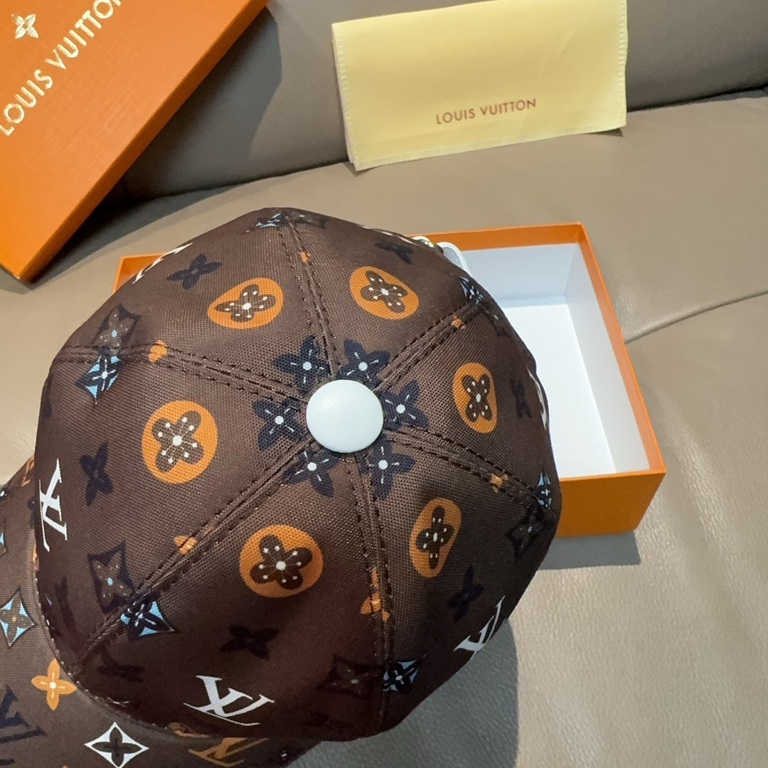 Dark brown Louis Vuitton monogram baseball cap, top view with round button