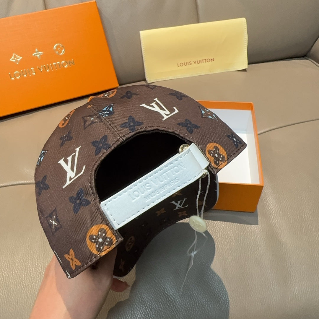 Dark brown Louis Vuitton monogram baseball cap with white strap patch and curved brim