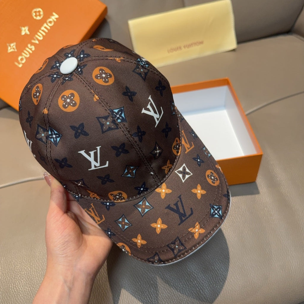 Dark brown Louis Vuitton monogram baseball cap with allover pattern and top round button