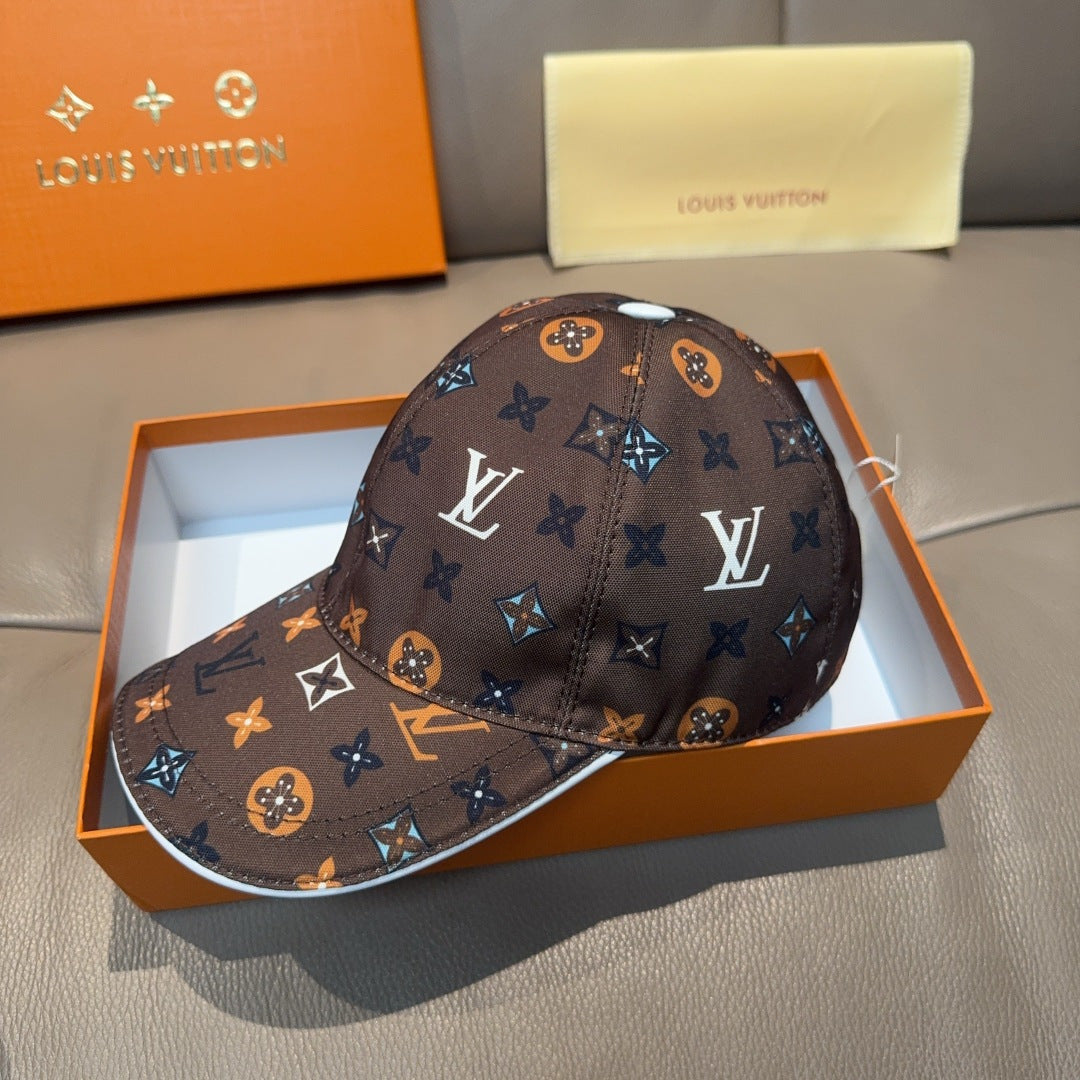 Dark brown Louis Vuitton monogram baseball cap with allover symbols and curved brim
