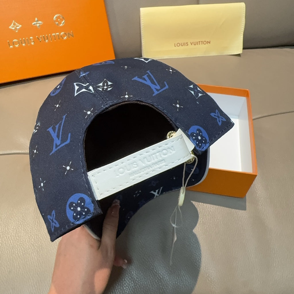Louis Vuitton navy cap interior view with white logo patch and strap