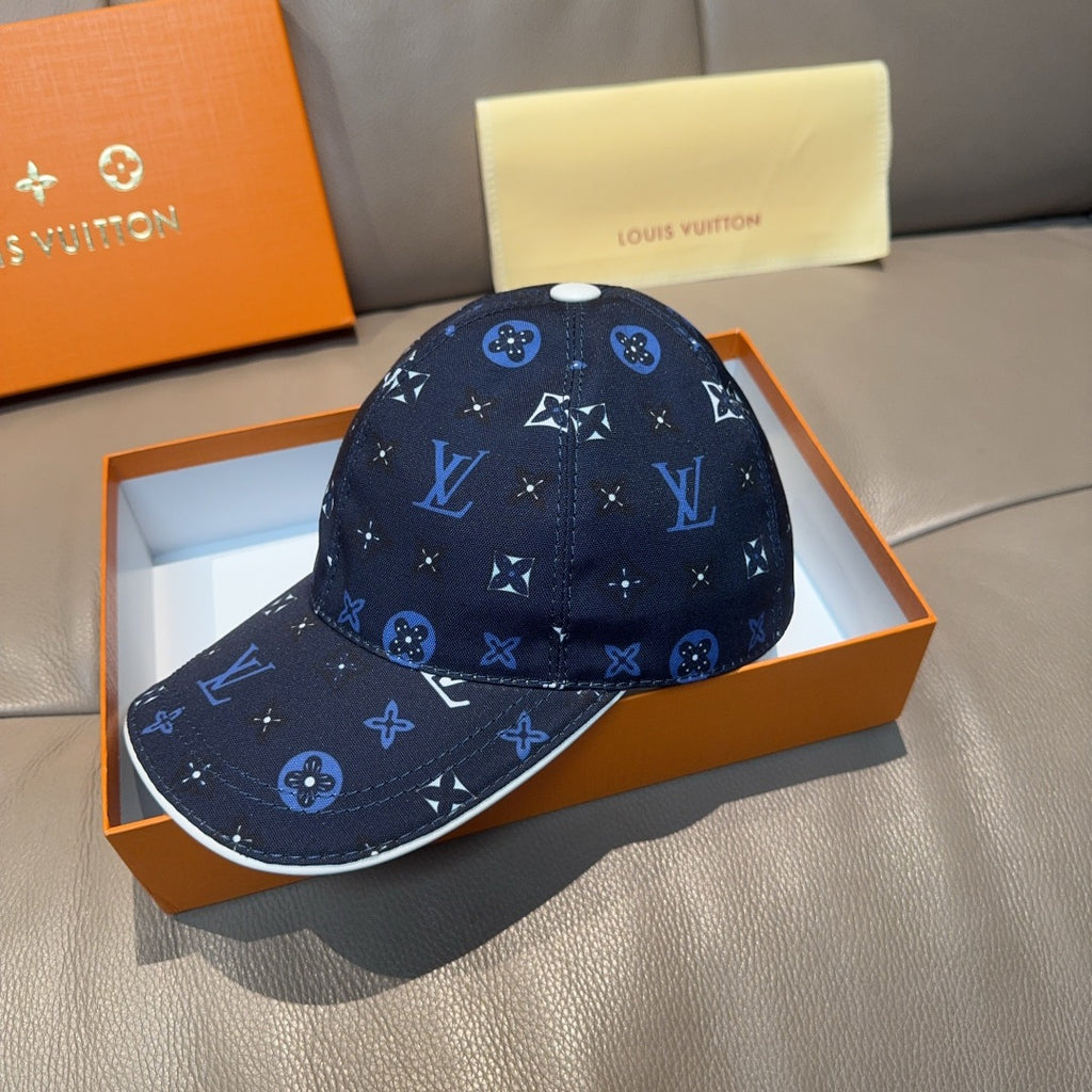 Louis Vuitton navy baseball cap with all-over blue monogram print and curved brim