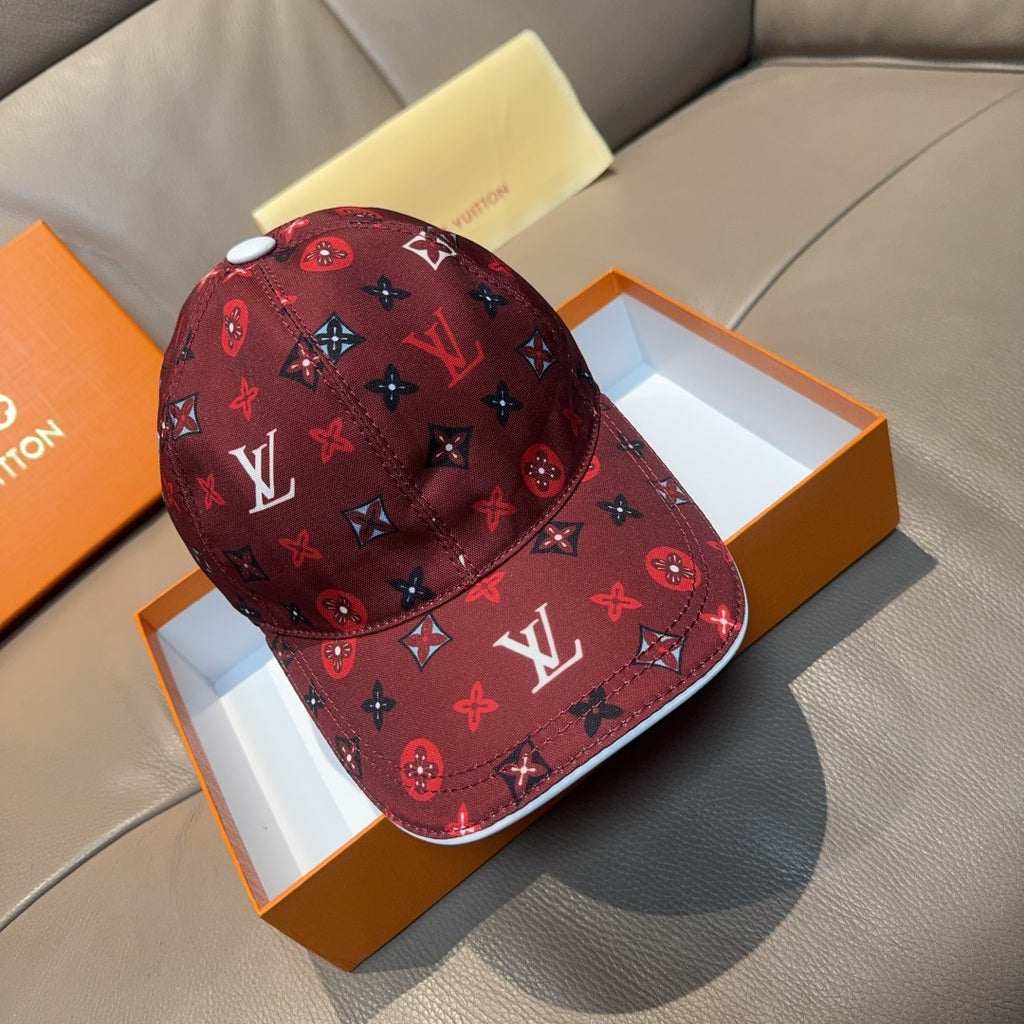Louis Vuitton cap, dark red monogram print, curved brim.