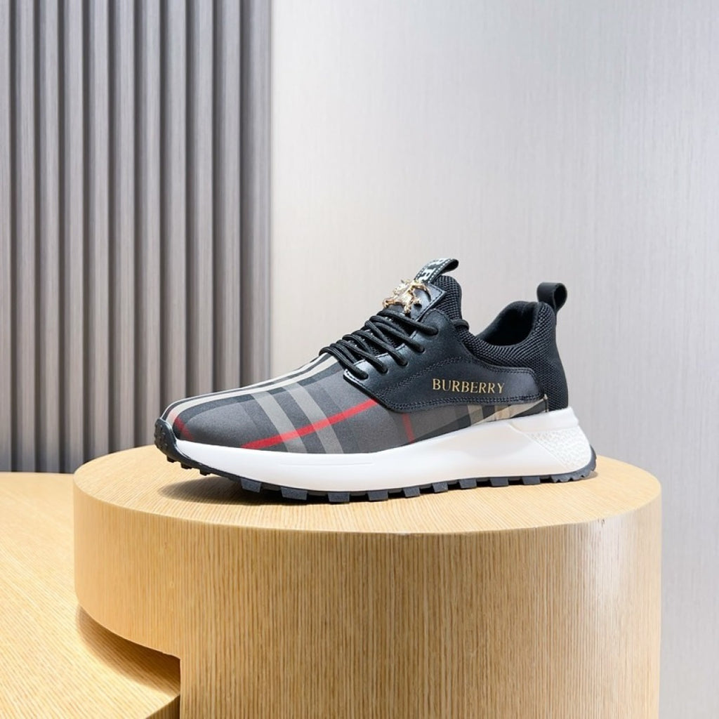 Dark lace-up sneaker with BURBERRY check stripe and white midsole on pedestal