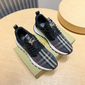 Black lace-up sneakers with BURBERRY check stripe, white sole, two-shoe pair