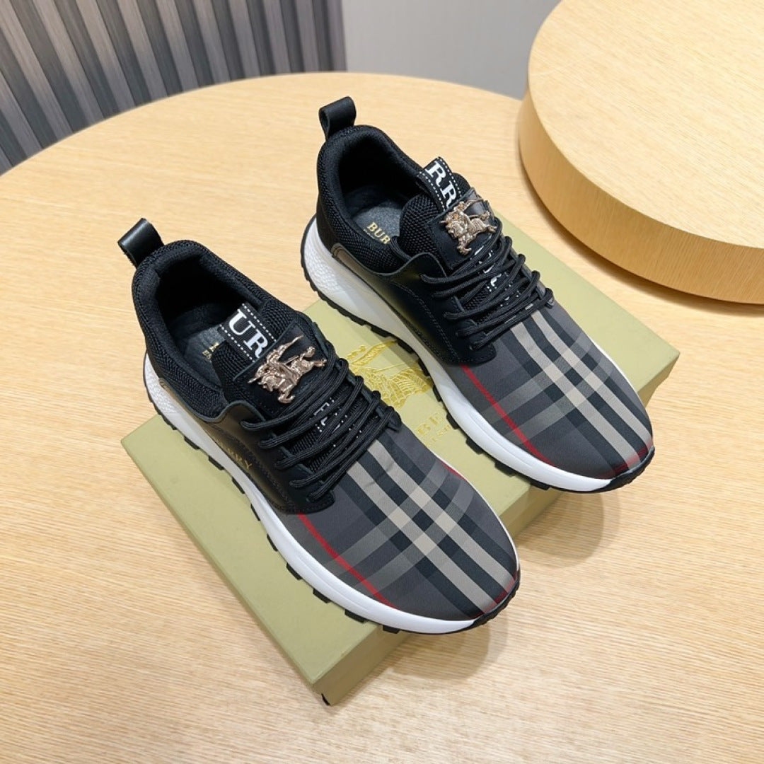 Black lace-up sneakers with BURBERRY check stripe, white sole, two-shoe pair
