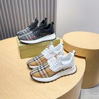 White and dark lace-up sneakers with BURBERRY check stripe and gold ornament