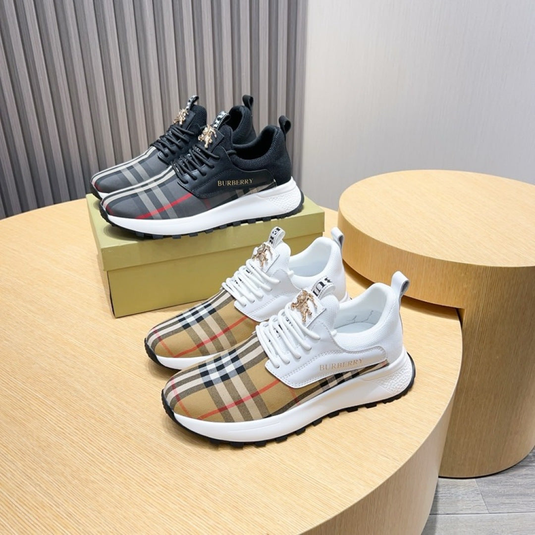 White and dark lace-up sneakers with BURBERRY check stripe and gold ornament