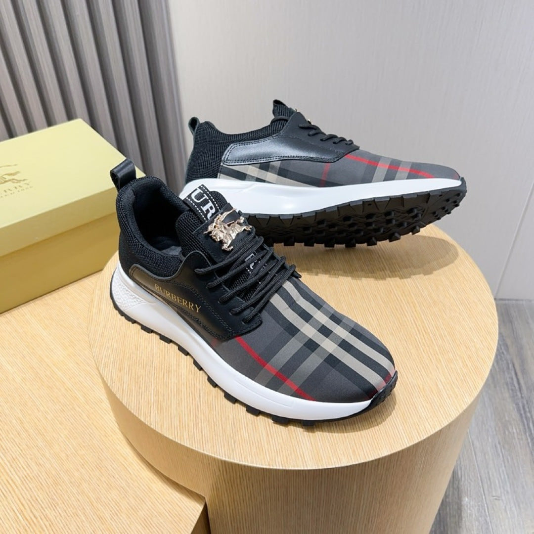 Dark lace-up sneakers with BURBERRY check stripe and white sole, two-shoe pair