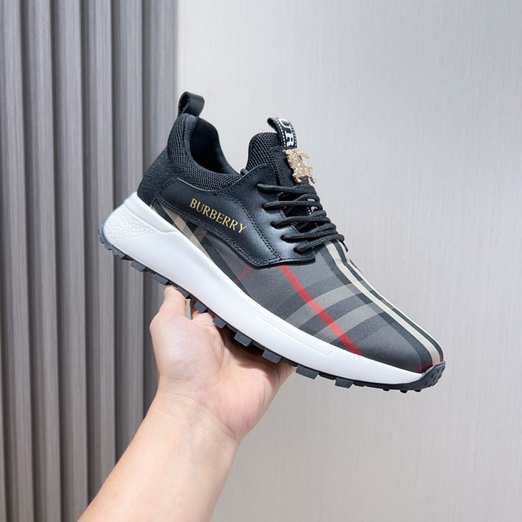 Dark lace-up sneaker with BURBERRY logo and check stripe, white sole